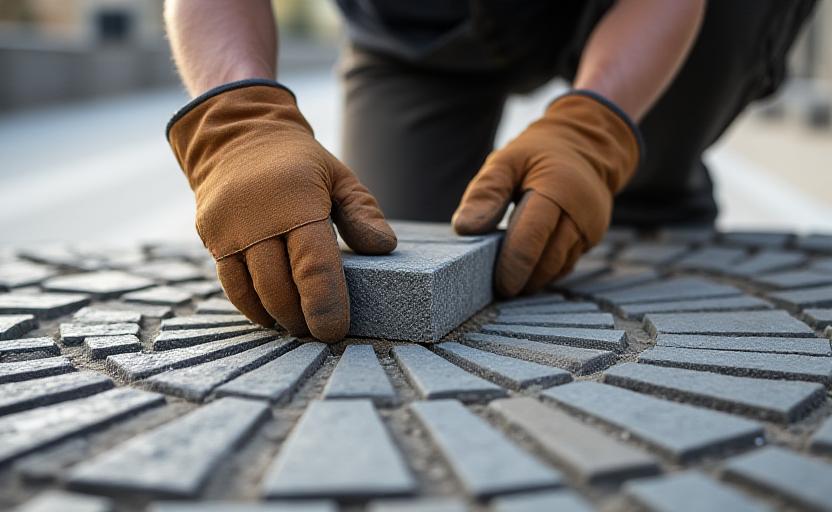 Handwerker beim präzisen Verlegen von Pflastersteinen in einem komplexen Muster