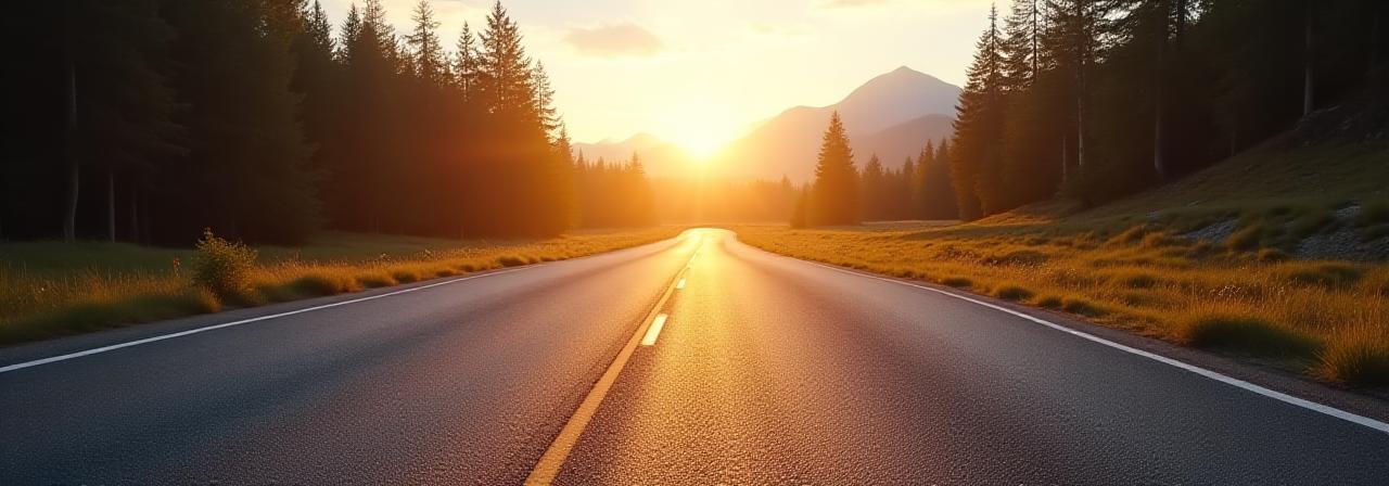 Blick auf eine perfekt asphaltierte Alpenstraße bei Sonnenuntergang