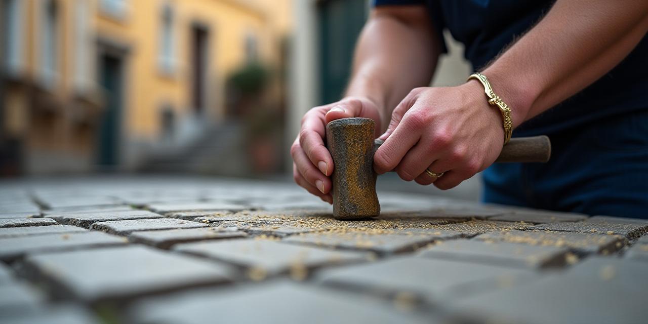 Handwerker bei der präzisen Verlegung von Pflastersteinen im 2. Bezirk