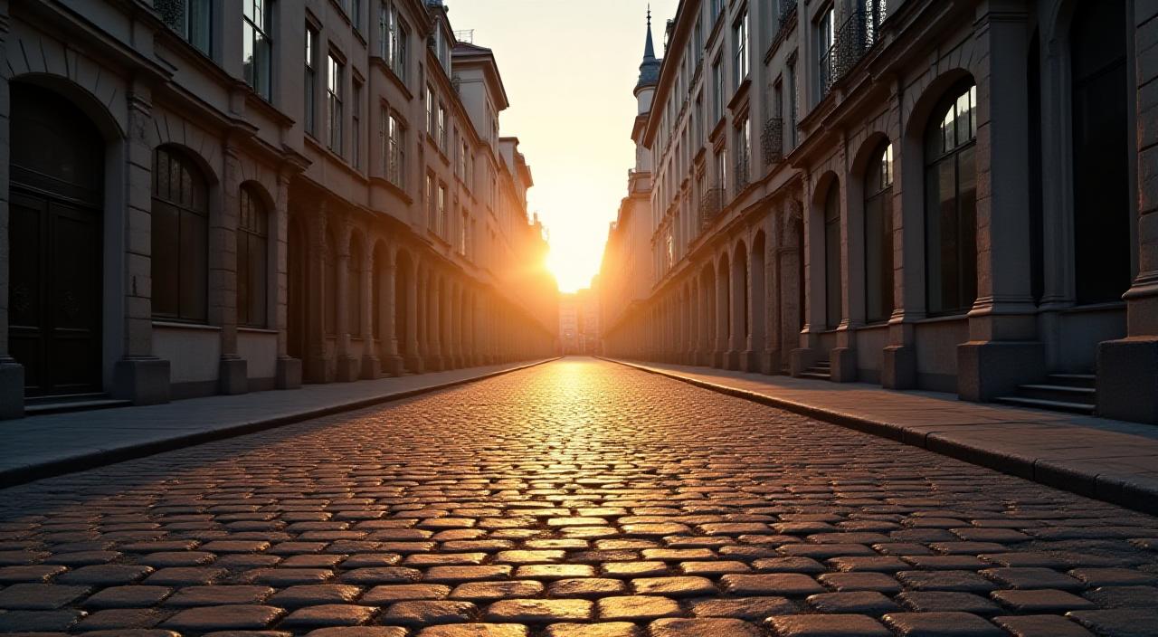 Historische Kopfsteinpflasterstraße in der Wiener Innenstadt bei Sonnenuntergang